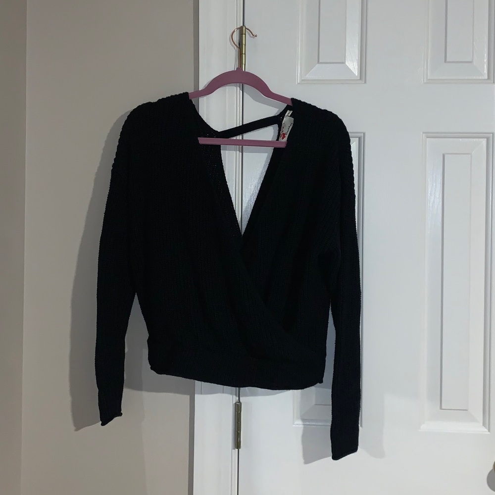 Deep V Neck Open Back Navy Sweater